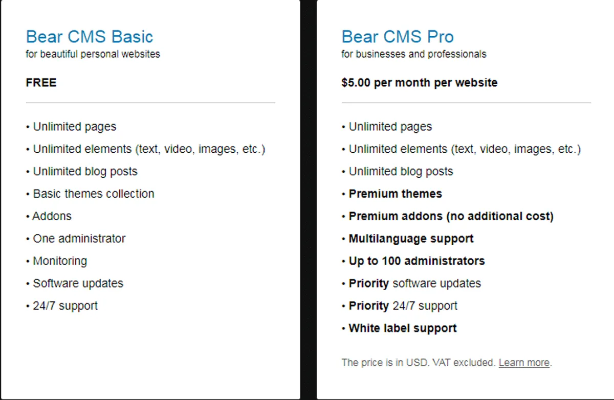 Bear CMS Pricing Plan