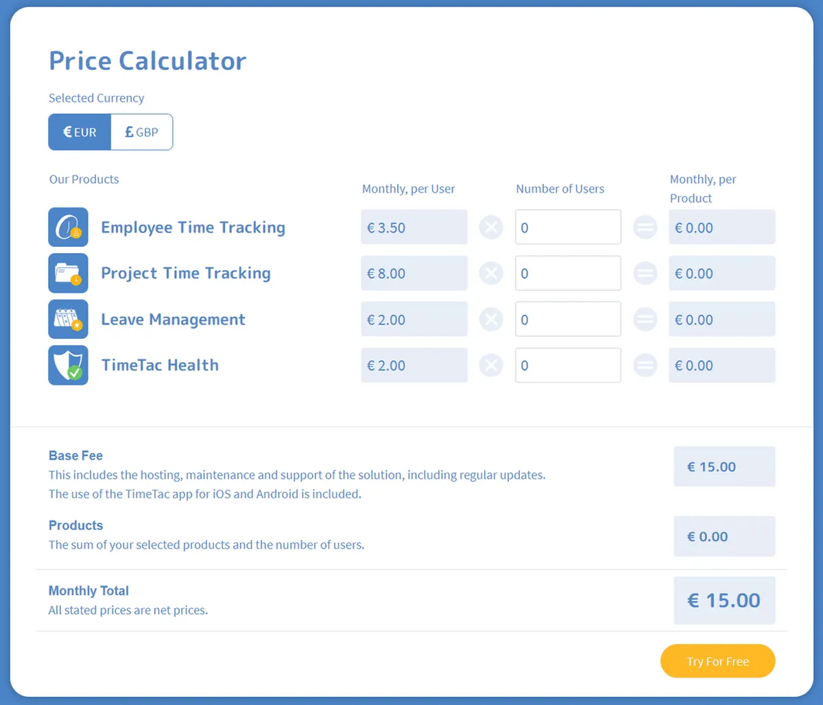 TimeTac Pricing Plan