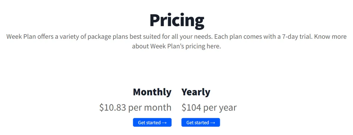 Week Plan Pricing Plan